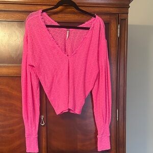 Free People Bright Pink Lace V-Neck Blouse
